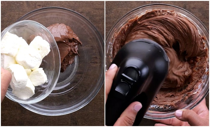 Mixing cream cheese and Nutella.