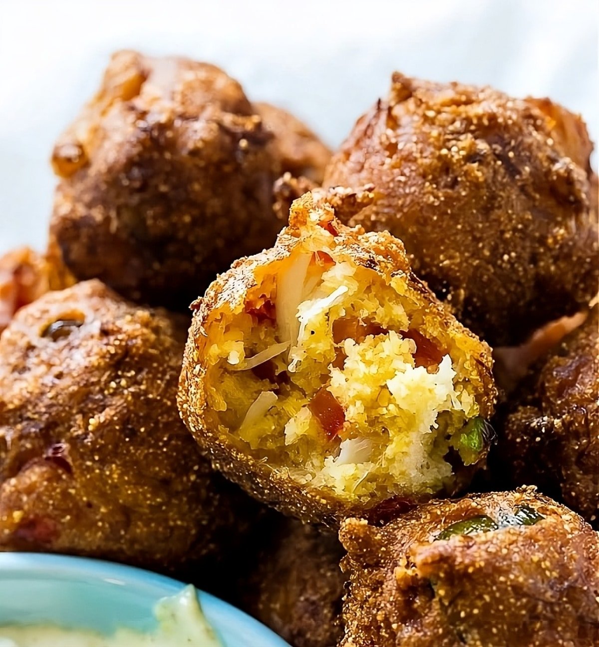 Crab Hush Puppies piled up on a plate.