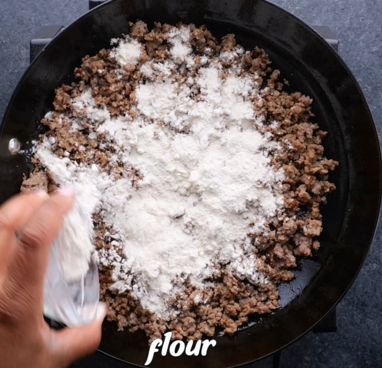 Flour added to skillet.