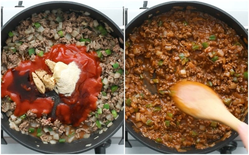 Sloppy joe mixture in skillet.