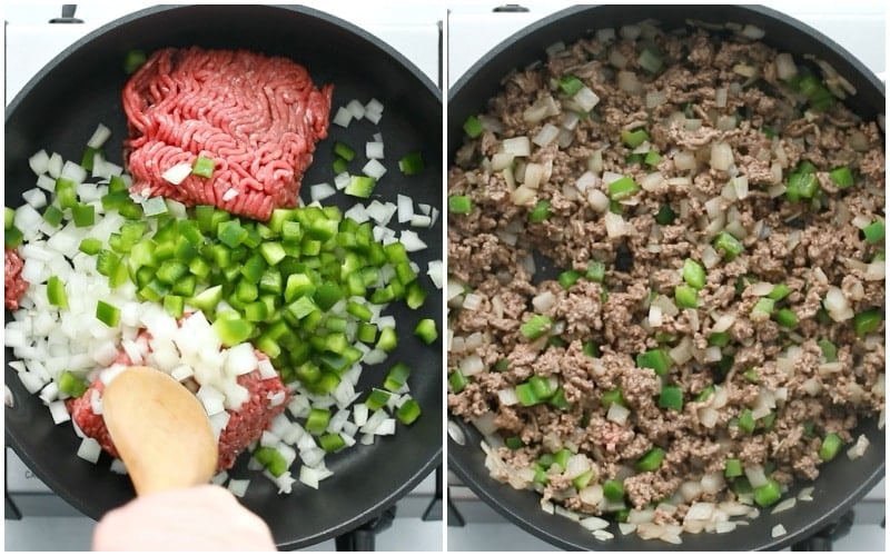 Ground beef mixture in skillet.