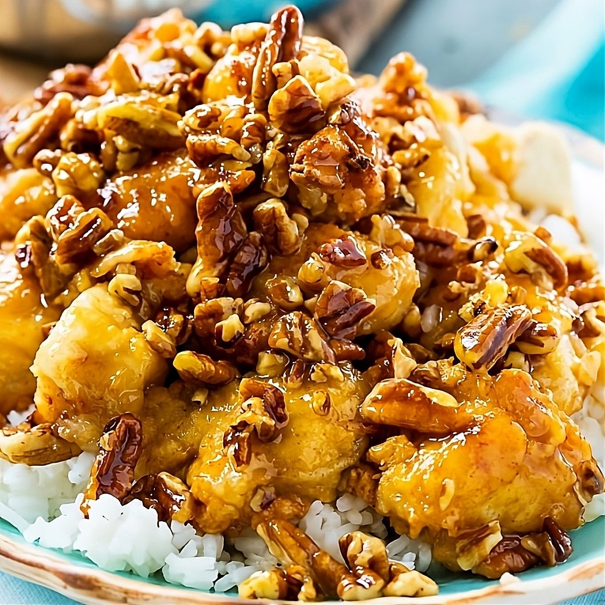 Honey Pecan Chicken over white rice.