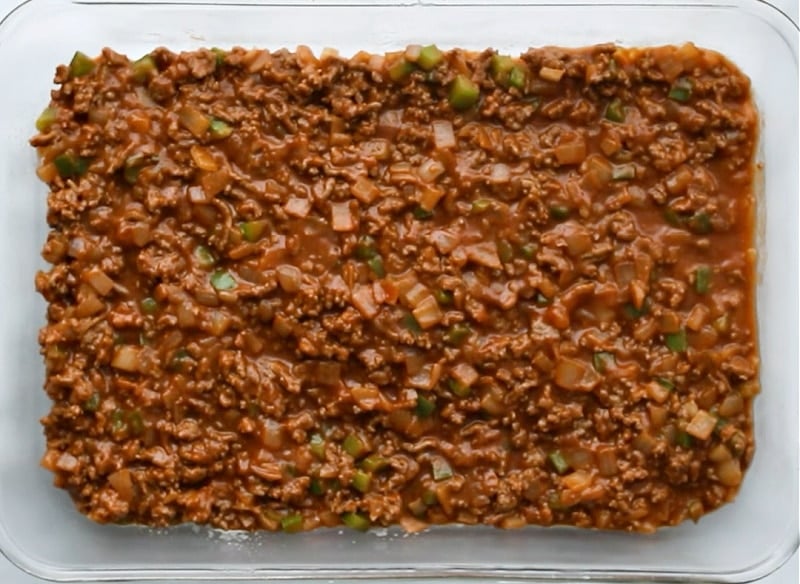 Sloppy joe layer in baking dish.