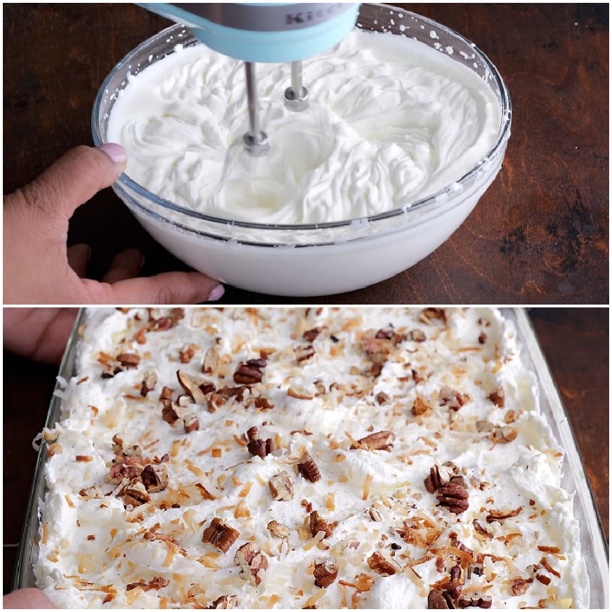Whipped cream, coconut and pecans on top.