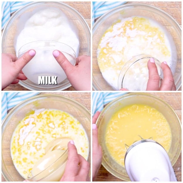 Mixing the pudding mixture.