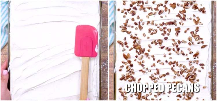 Spreading frosting and sprinkling with pecans.