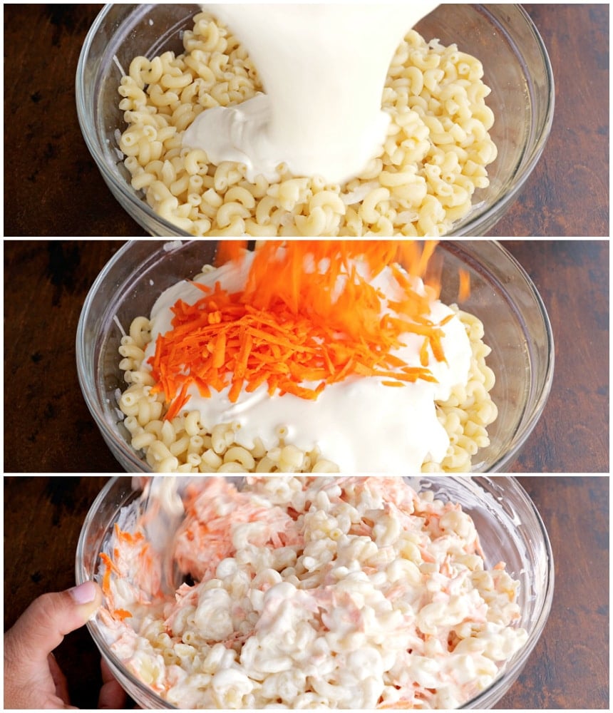 Mixing dressing and carrots in.