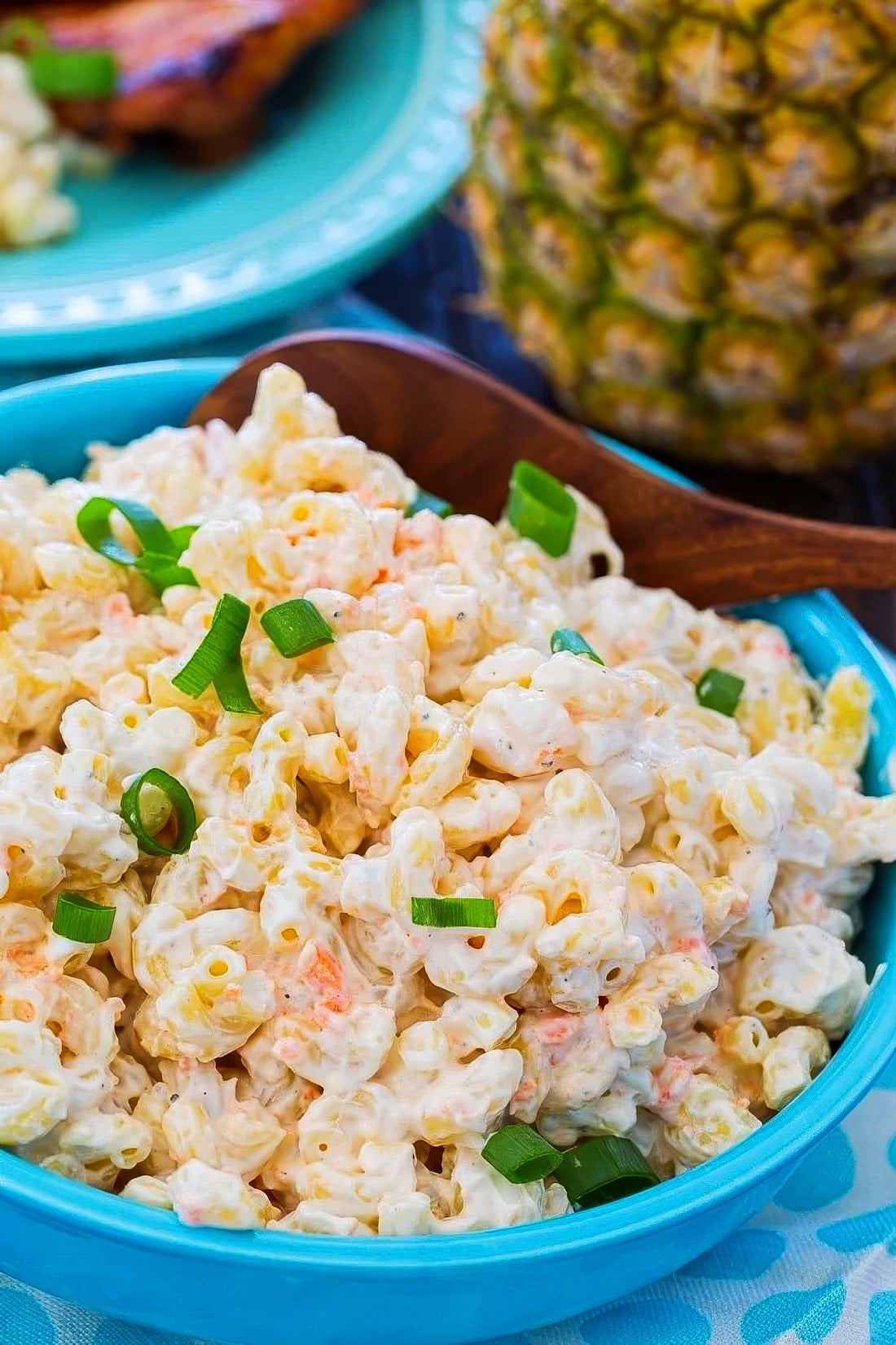 Hawaiian Macaroni Salad in a blue serving bowl.