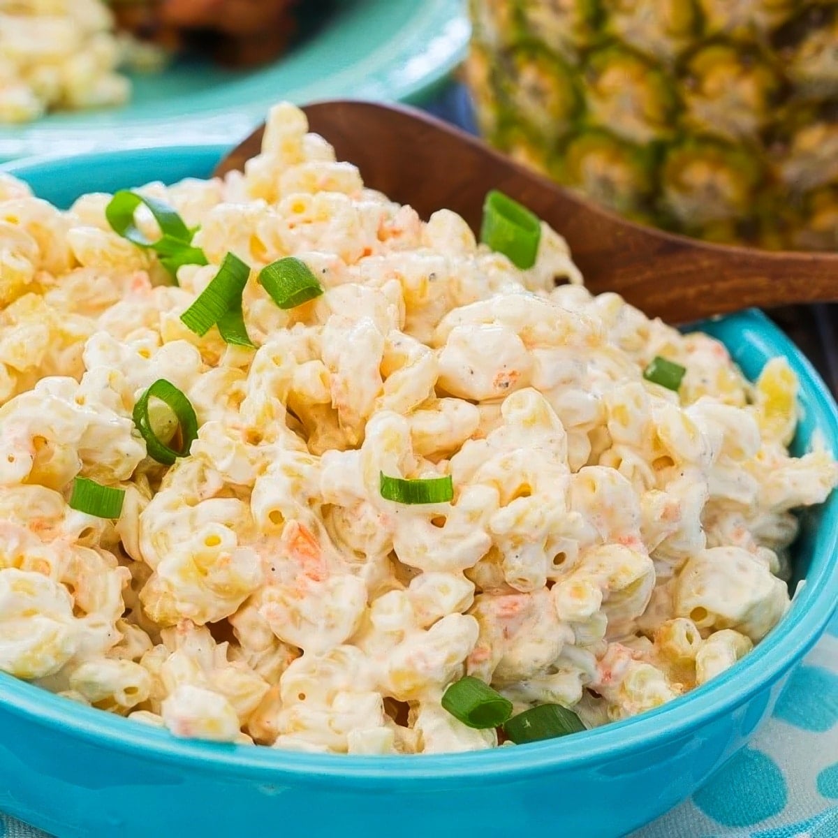 Hawaiian Macaroni Salad in a blue serving bowl.