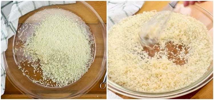 Mixing Panko crumbs and Parmesan cheese.