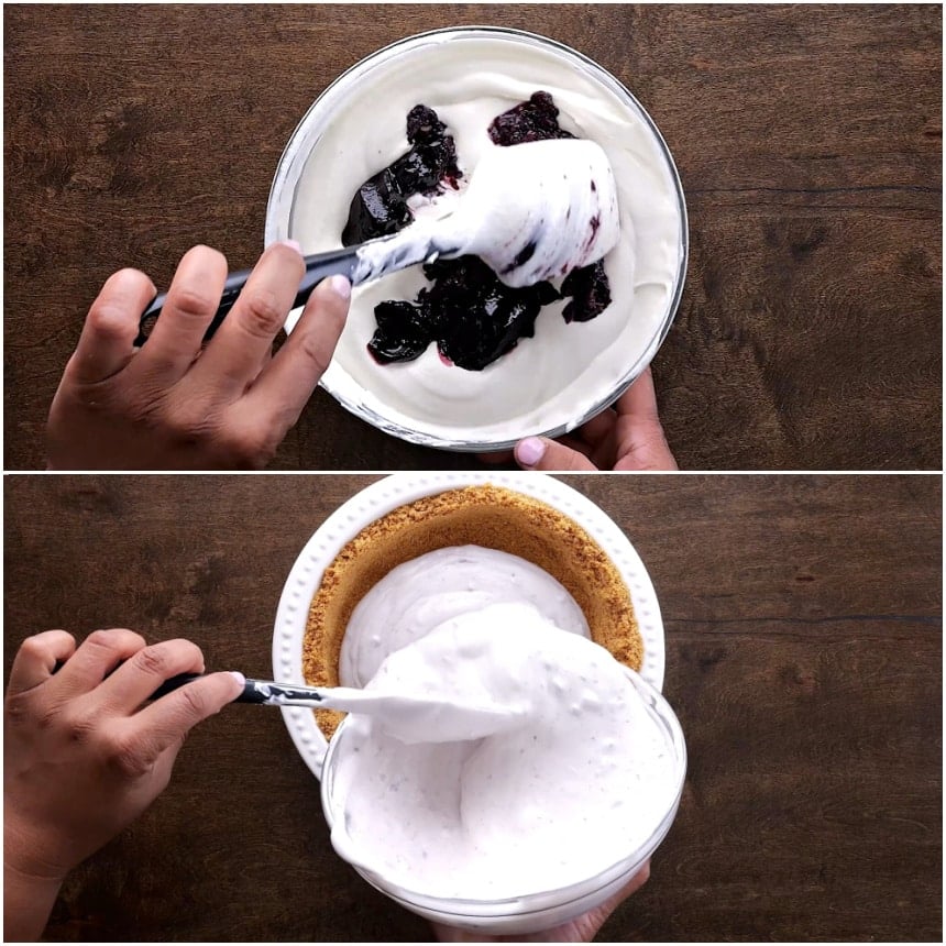 Mixing blackberries into filling and transferring filling to crust.