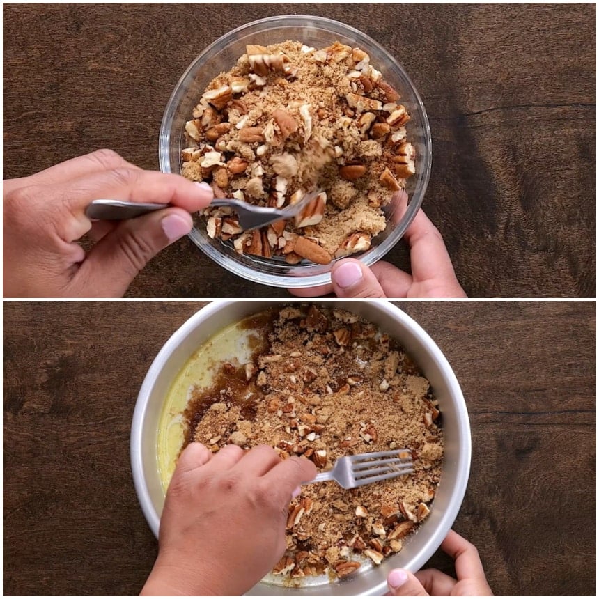 Streusel being mixed and sprinkled over butter.