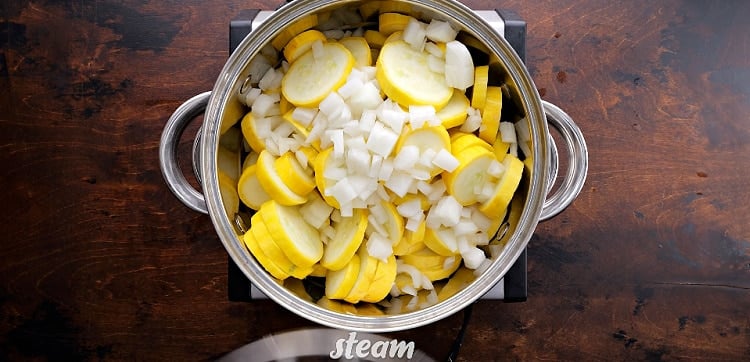 Steaming the squash and onion.