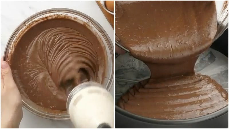 Cake batter being mixed and poured into pans.