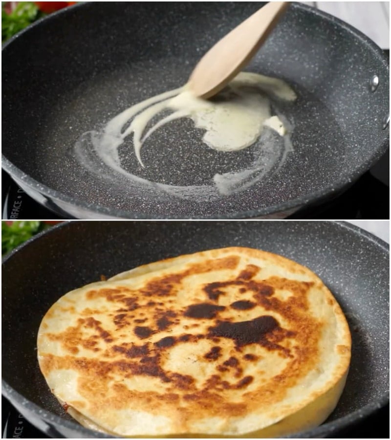 Pan frying the quesadilla.