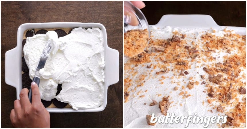 Spreading whipped cream on top and sprinkling Butterfingers on top.