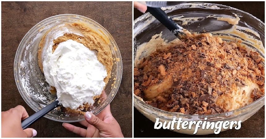 Mixing in the Butterfingers and whipped cream.