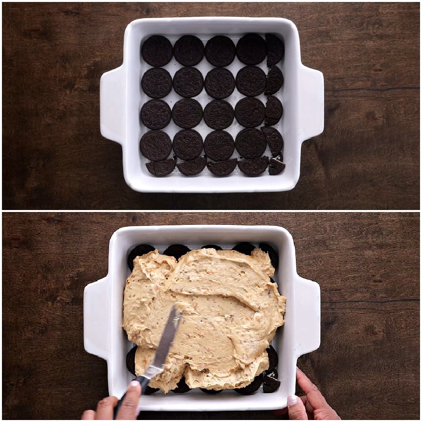 Layering the cookies and peanut butter filling.