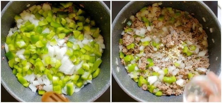 Cooking the onions, peppers, and garlic.