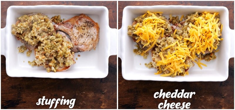 Stuffing and cheddar cheese on pork chops.