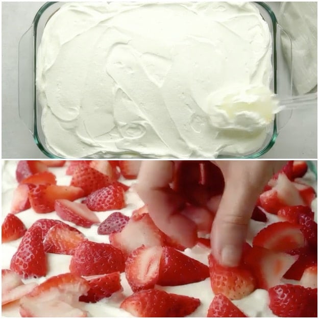 Spreading topping on cake and topping with strawberries.