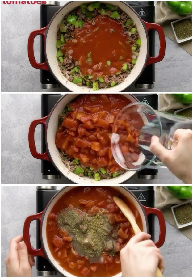 Adding the tomatoes, water, and seasonings.