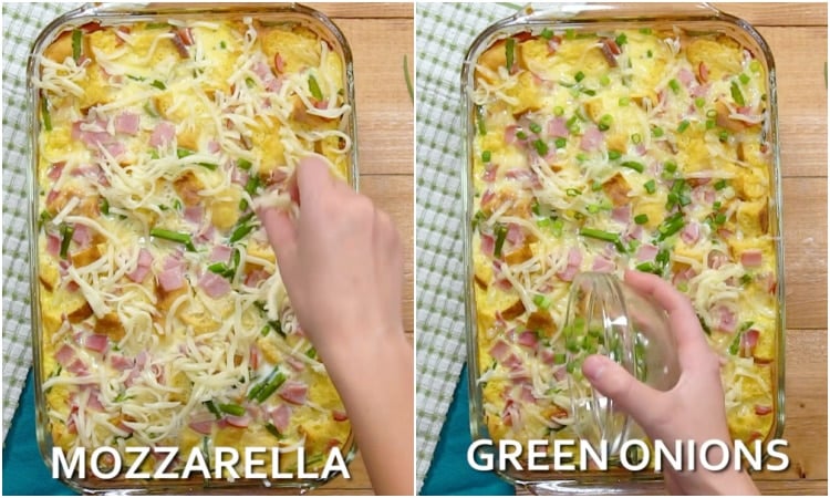 Adding mozzarella cheese and green onion.