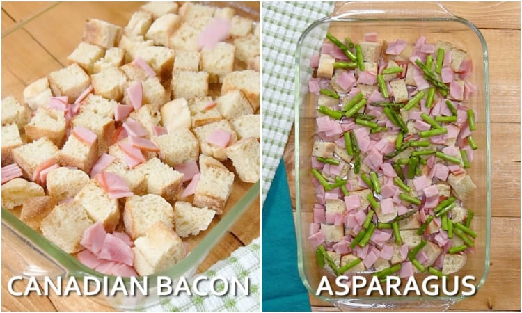 Adding Canadian bacon and asparagus.