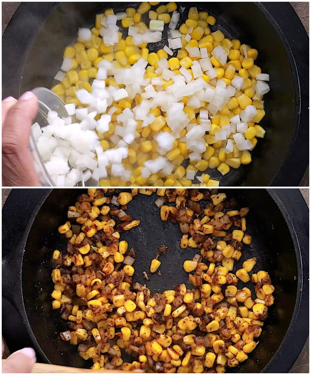 Corn mixture being sauteed in pan.