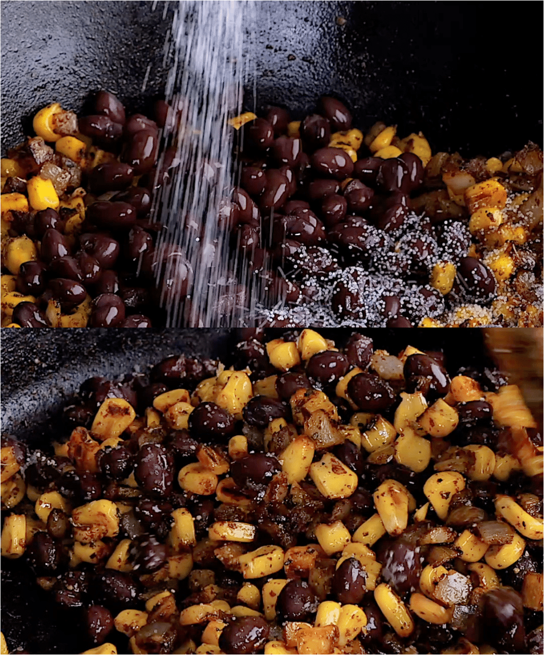 Black beans and salt added to pan.