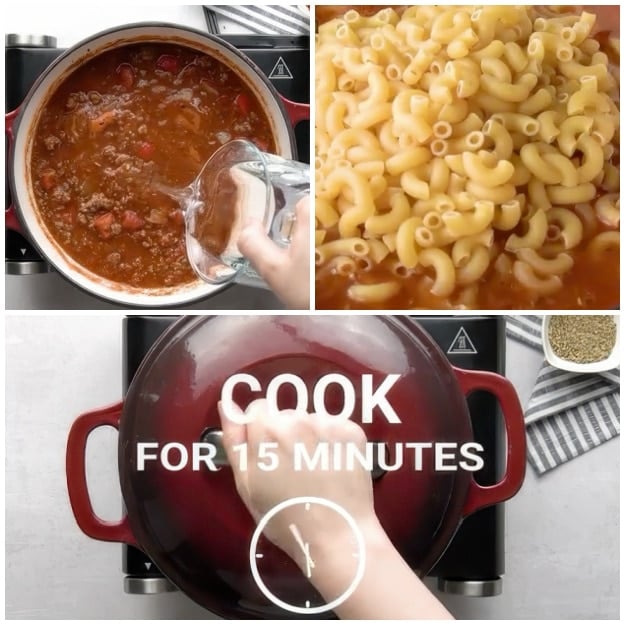 Adding water and pasta.