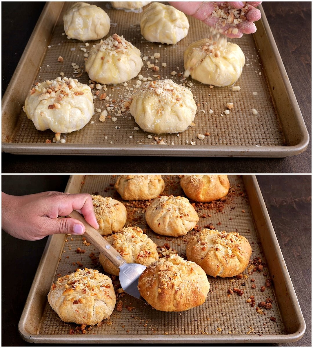 Stuffing mixture sprinkled on top of bundles.