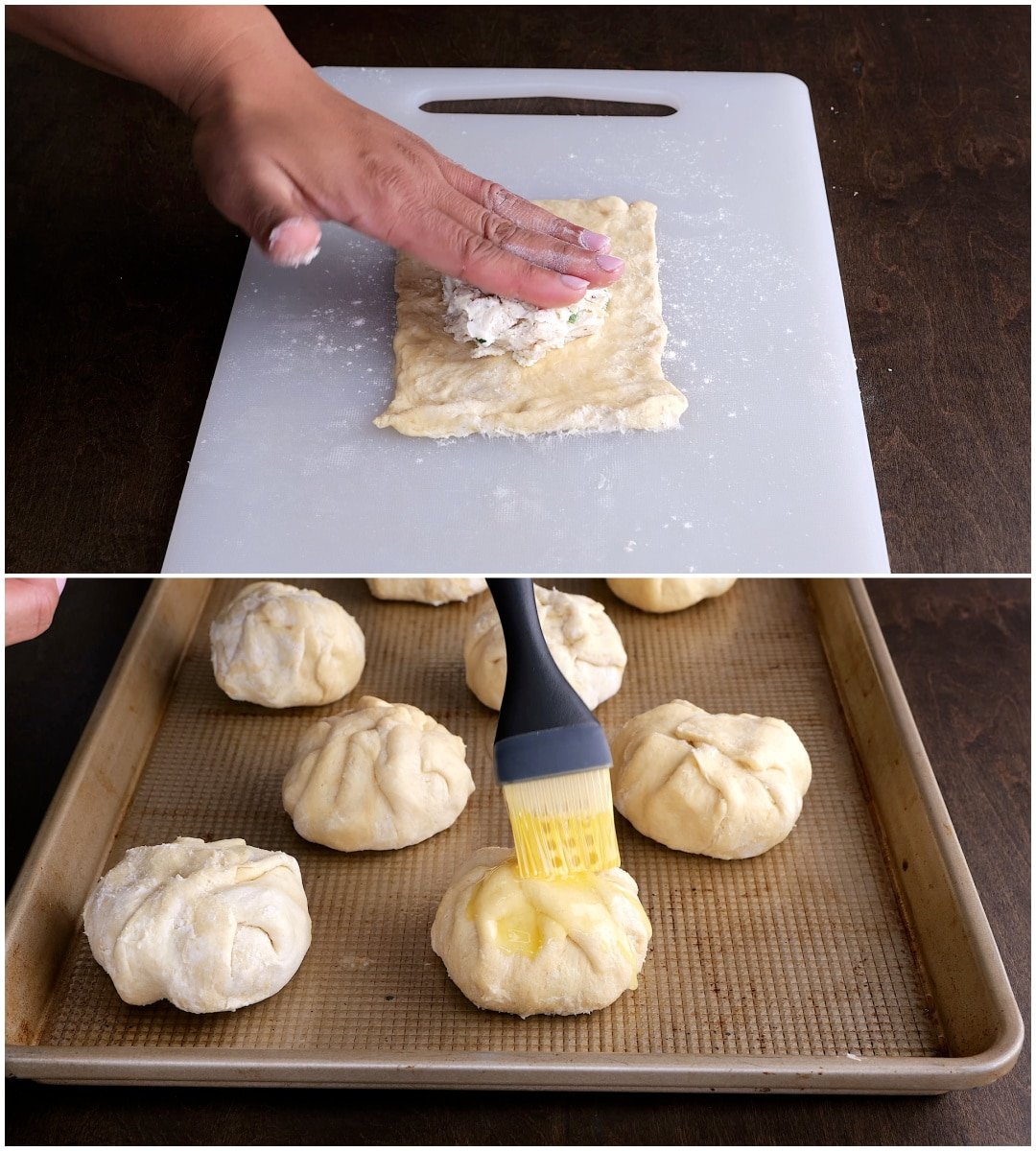 Chicken mixture placed on crescent dough and butter being brushed on bundles.