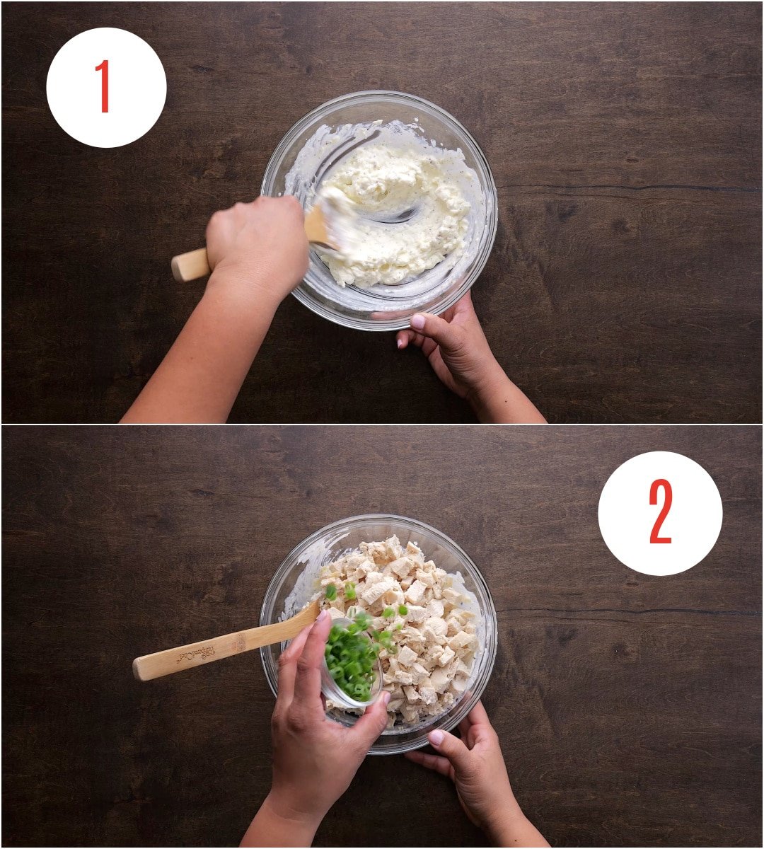 Chicken filling mixed in a mixing bowl.