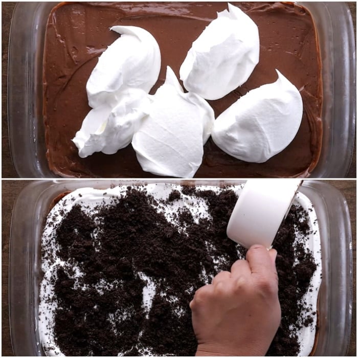 Spreading cool whip on top and sprinkling with crushed cookies.