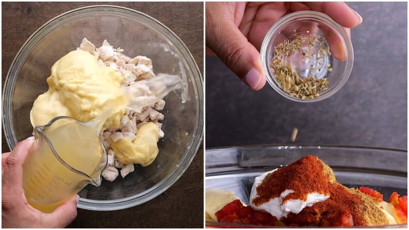 Mixing the chicken filling.