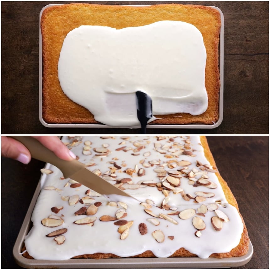 Spreading icing on cake and cutting into squares.