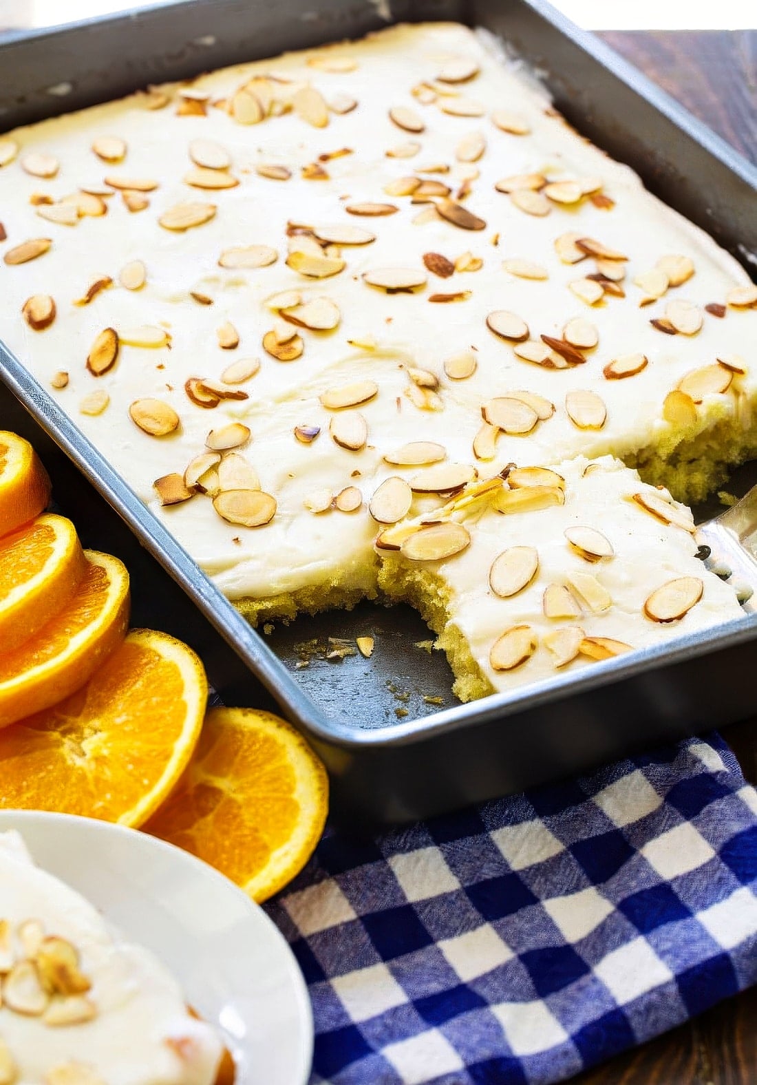 Orange Almond Sheet Cake in baking pan.