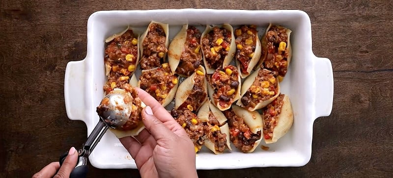 Filling the shells.