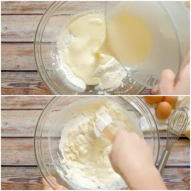 Mixing batter together.
