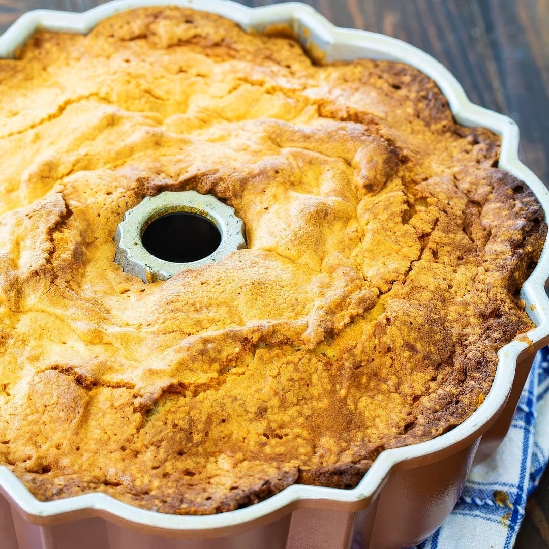 Coconut Cream Cheese Pound Cake in a bundt pan.