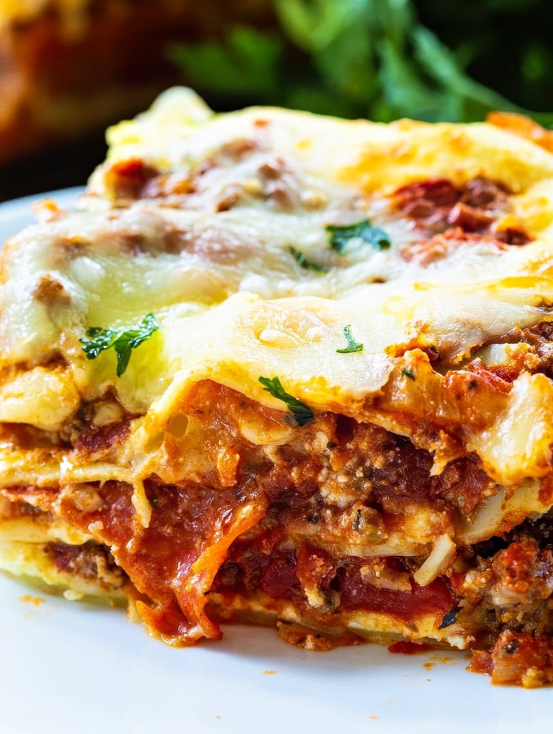 Close-up of a piece of Cream Cheese Lasagna.