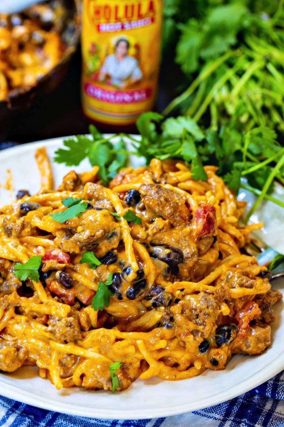 Taco Spaghetti on a white plate.