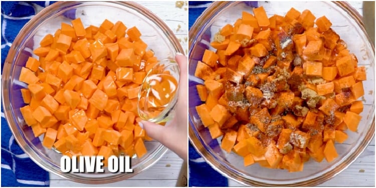 Drizzling sweet potatoes with oil and adding seasonings.