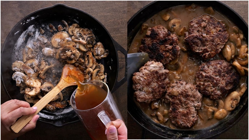 Making gravy and adding patties back to pan.