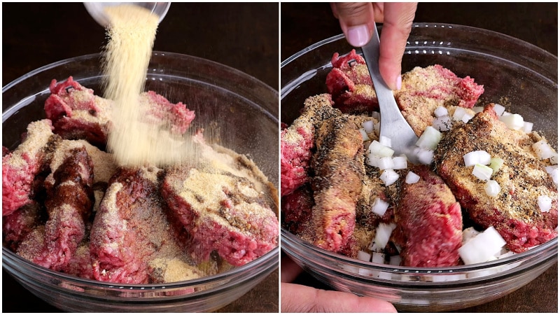 Mixing hamburger mixture.