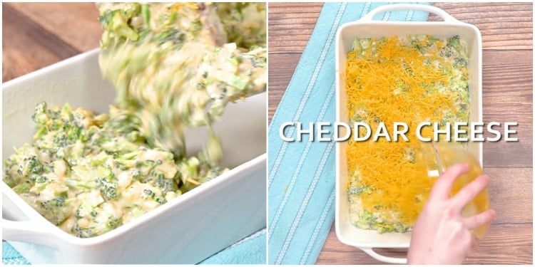 Transferring to baking dish and sprinkling cheese on top.