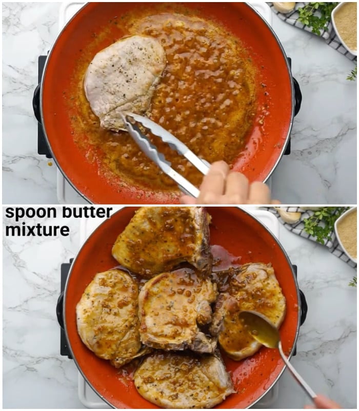 Spooning glaze over pork chops.