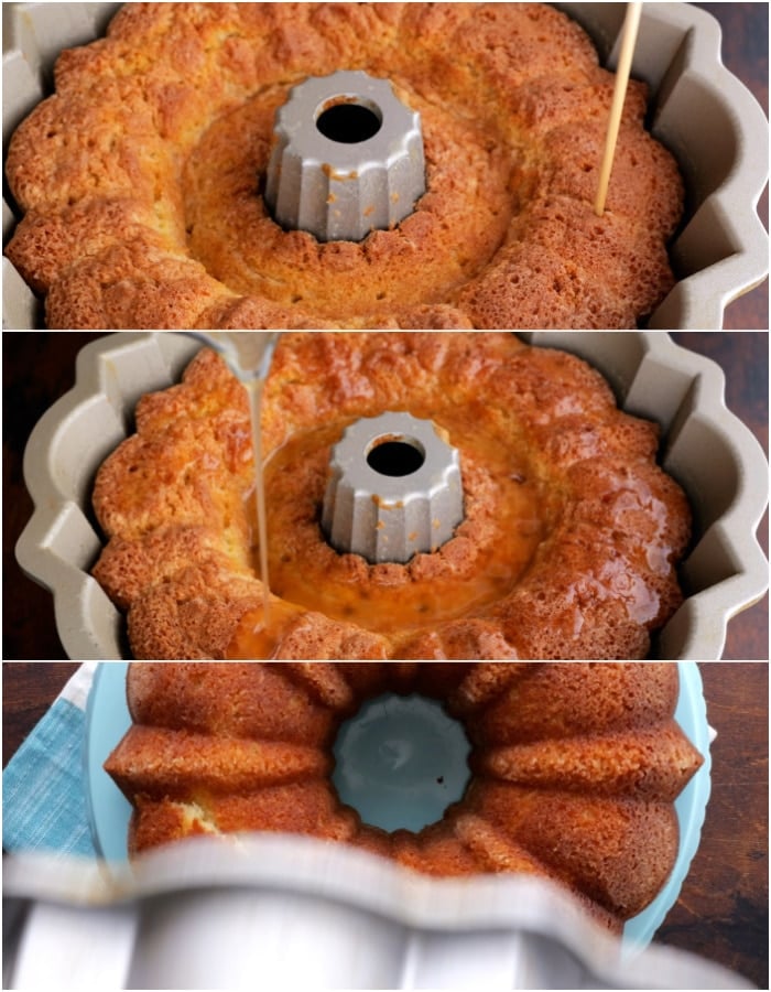 Poking holes in cake and adding glaze.