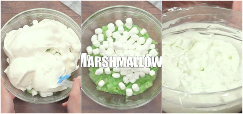 Mixing in Cool Whip and marshmallows.